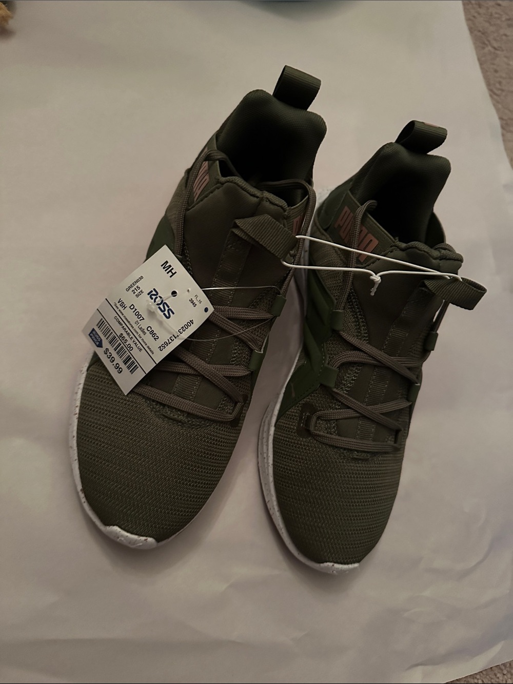 Puma Olive Green Lace-Up Mesh Sneakers with White Soles